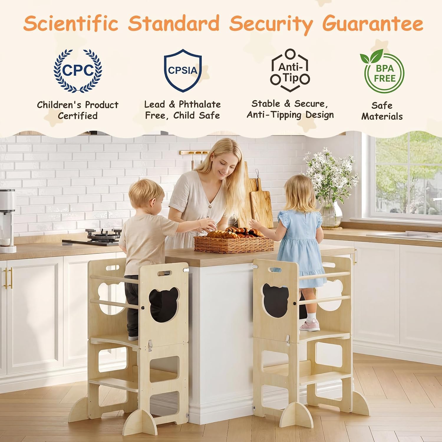 4-in-1 Toddler Kitchen Step Stool, Foldable Toddler Tower with Blackboard, Toddler Kitchen Stool Helper for Kids, Wooden Step Stool for Toddlers, Learning Standing Tower, 1-3 Year Old Boy Girl Gift