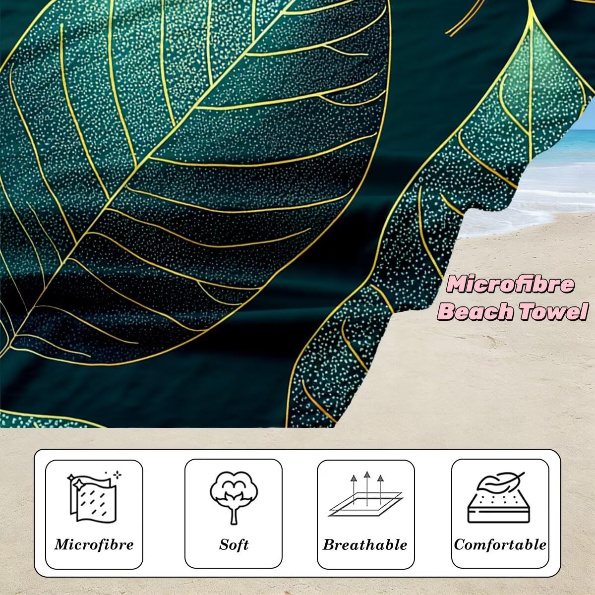 Strandtuch XXL 100x220 cm, Mikrofaser Handtuch 2er Set, Sandfrei Strandtuch, Schnelltrocknend Sporthandtuch Fitnessstudio, Saunatuch Damen Herren Badetuch Groß, Strandhandtuch für Strand (Blatt) -4022