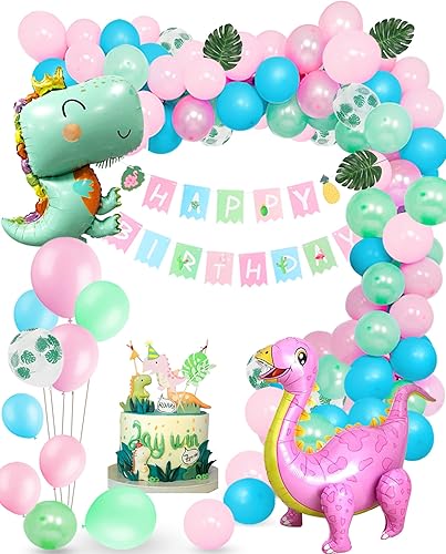 Suministros de fiesta de dinosaurios para niñas 76 piezas de decoraciones de fiesta de dinosaurio rosa con globos de dinosaurio de pie 3D pancarta