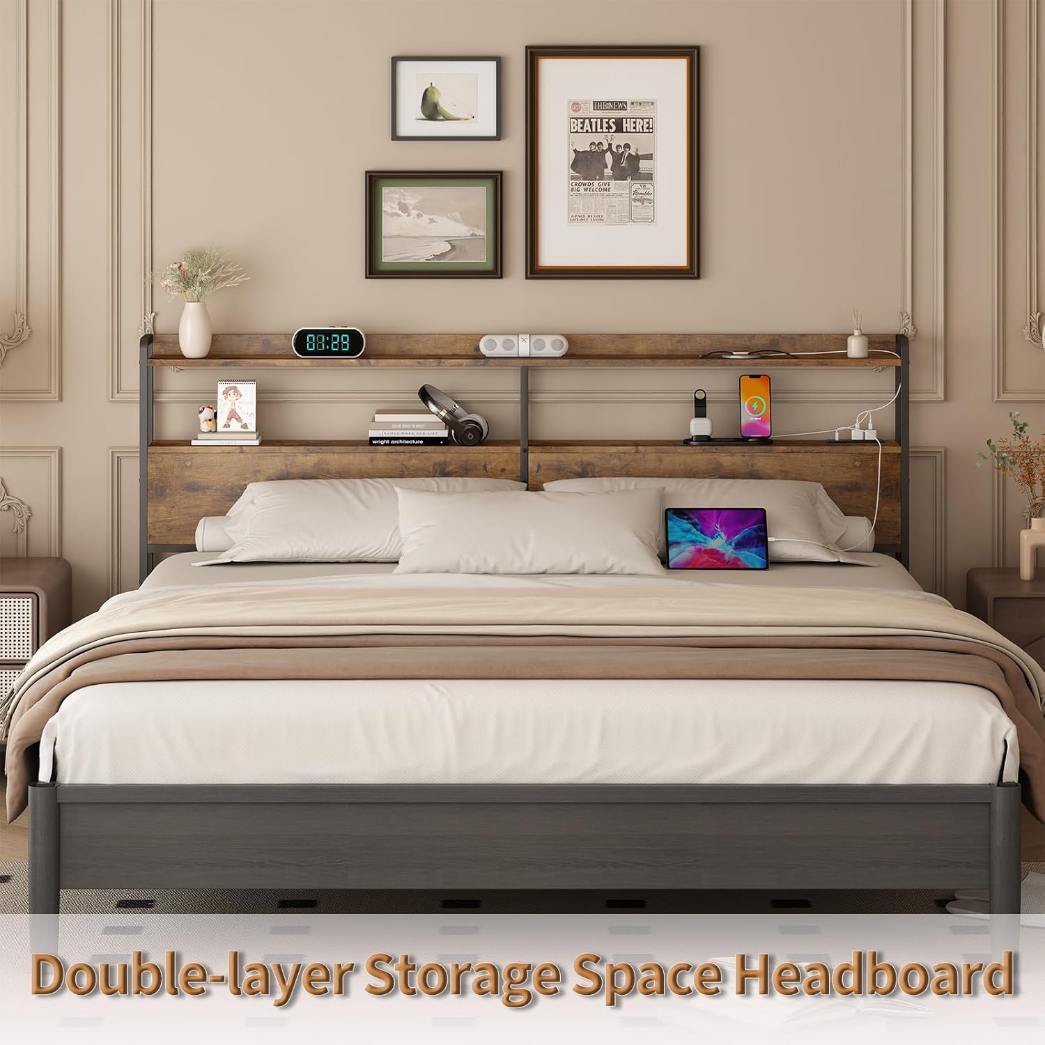 Headboard Adjustable Queen Size Headboard with Outlets, USB Ports, LED Lights Type-C, and Storage, Rustic Brown, Sturdy Bed Frame for Enhanced Comfort and Functionality, King Size