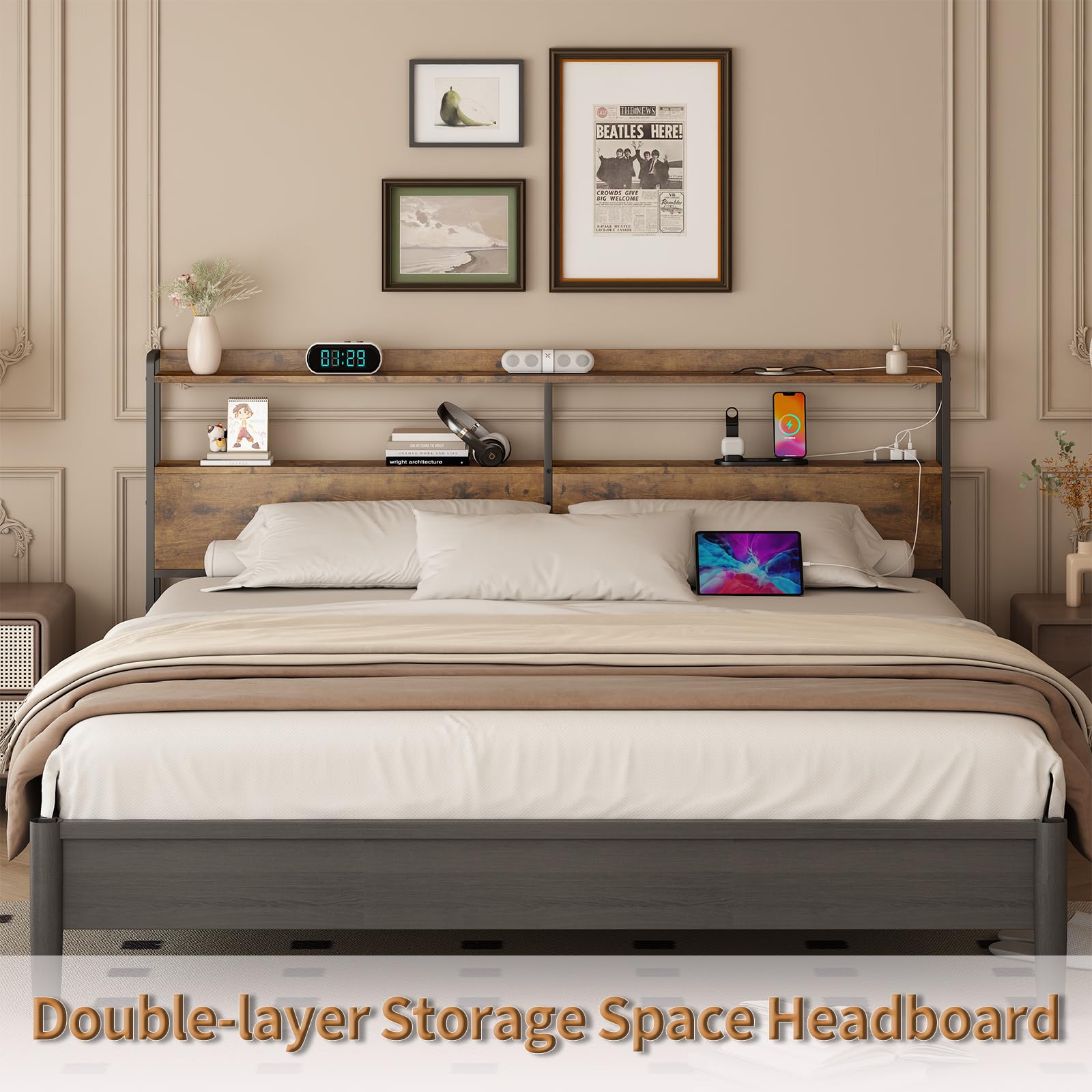 Cabecera ajustable tamaño King con tomas, puertos USB, tipo C, luces LED y almacenamiento, color marrón rústico, cabecera resistente para mayor comodidad y funcionalidad, tamaño King 5
