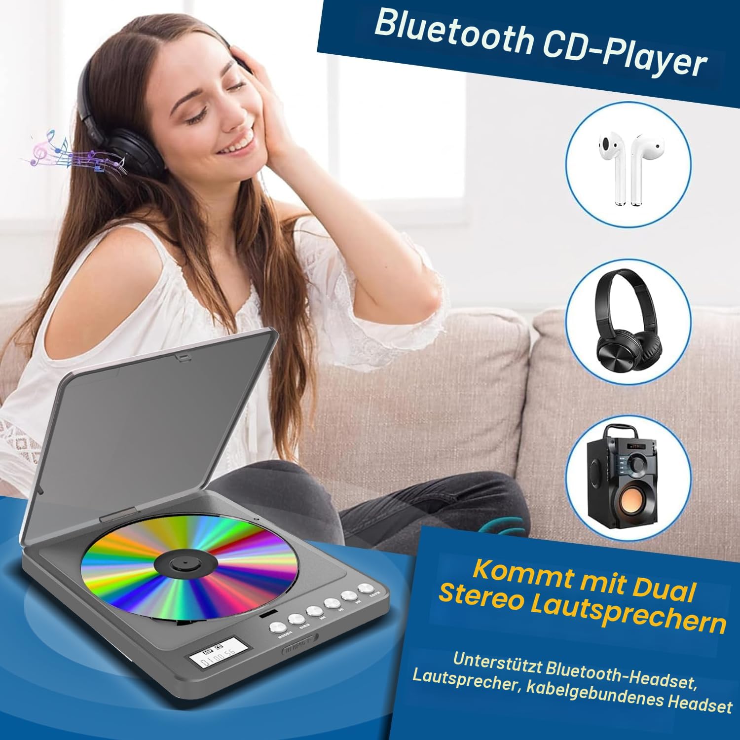 Tragbarer CD-Player Bluetooth mit Kopfhörern, Wiederaufladbarer CD Player Tragbar mit Lautsprecher und FM Transmitter 2000mAh Lithium-Akku Discman CD Players Tragbar für Erwachsene Studenten Kinder