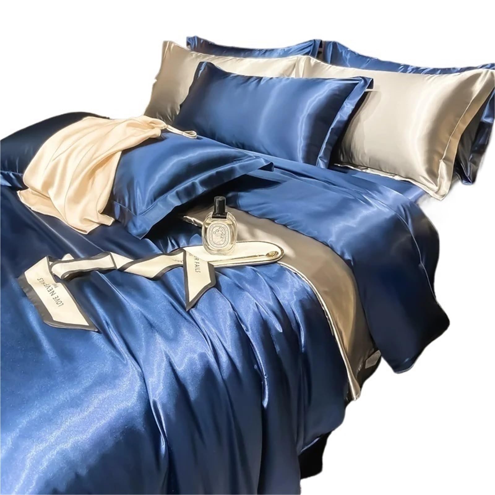 Parure de lit en soie King Size avec drap-housse en satin bleu premium