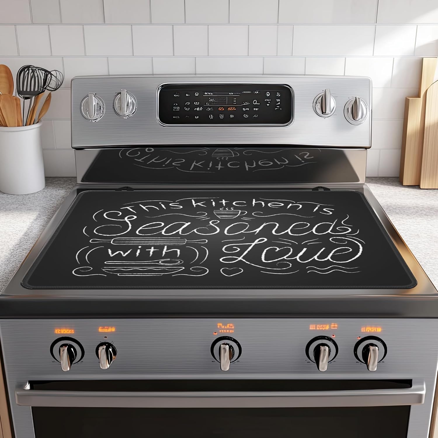 Stove Top Cover for Electric Stove,Black Lettering Anti-Slip Heat Resistant Rubber Flat Top Oven Cover Mat, Dish Drying Mat 28.5'' x 20.5''