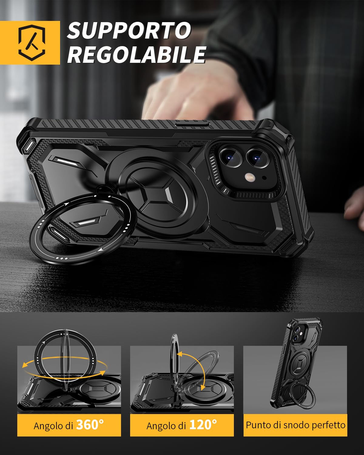 Lanhiem Cover iPhone 12/12 Pro con 2 Pezzi 9H Vetro Temperato, Supporto Magnetico ad Anello a 360°Protezione Antiurto Anticaduta di Livello Militare Armor Custodia iPhone 12 Pro / 12, Nero