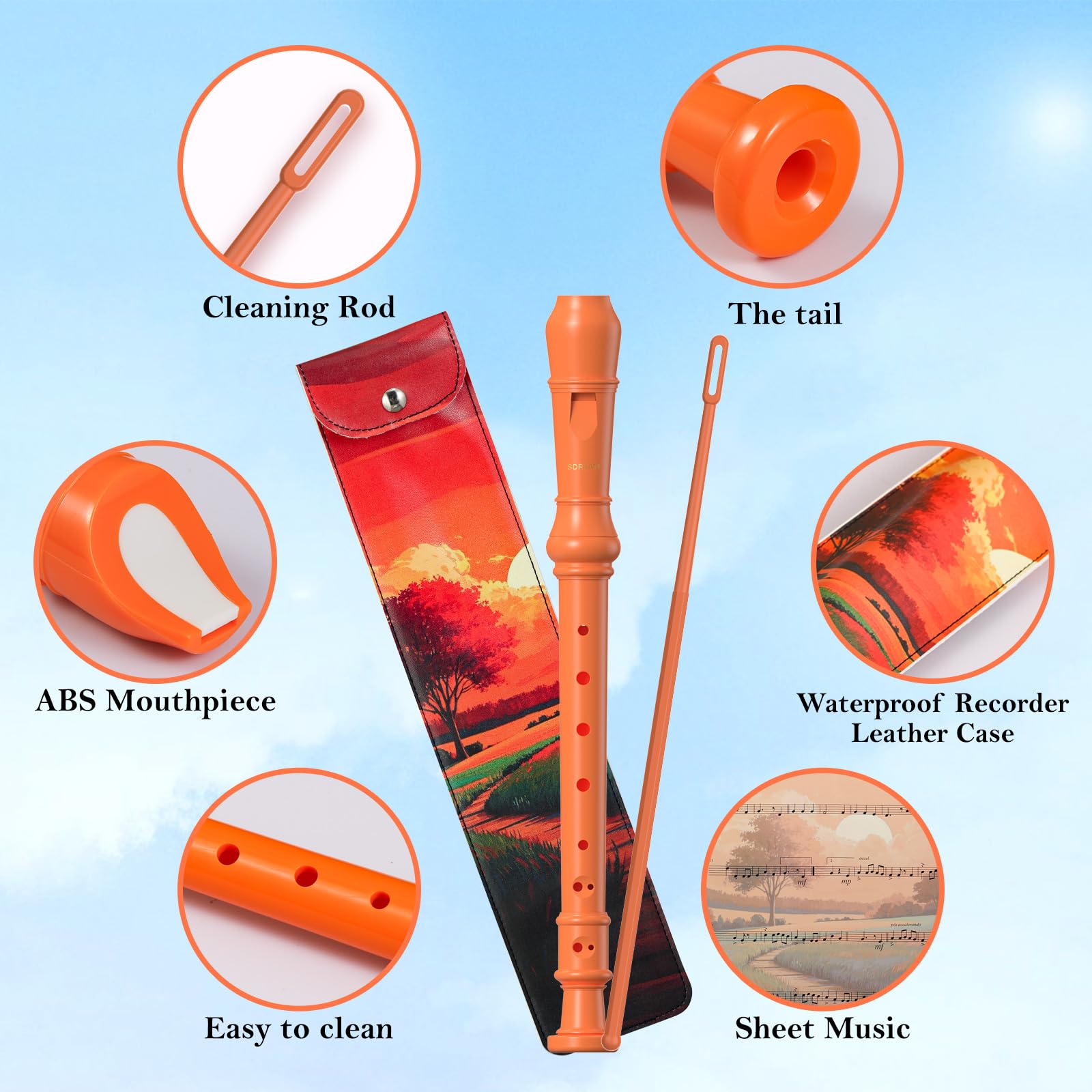 SDREAM Sopran-Blockflöteninstrument für Anfänger und Schüler, mit Reinigungsstab und Ledertasche, Orange
