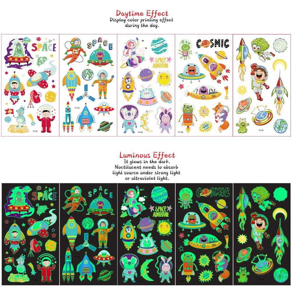 Space Temporary Tattoos,10 Sheets Luminous Planet Fake Tattoo Stickers Glow in Dark Astronaut Rocketship Universe Tattoos for Boys Girls Kids Party Supplies - Image 2