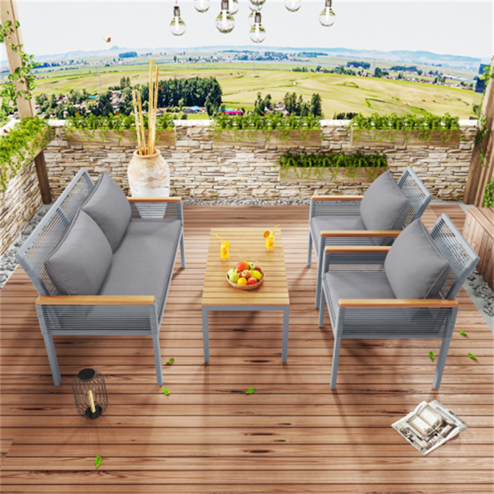Juego De Salón De Jardín De Ratán Gris De Primera Calidad: Sofá Doble, 2 Sillas, Mesa, Cojines Cómodos, Muebles De Exterior Versátiles para Playa, Jardín, Patio, Balcón, Relajación Y Disfrute