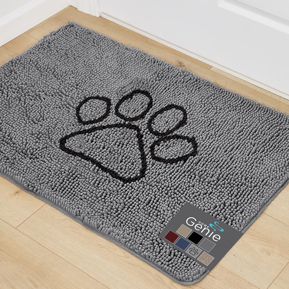 HOME GENIE Muddy Dog Machine-Washable Absorbent Soft Chenille Indoor-Doormat, Rubber Backing, Quick Dry Microfiber Mat, Entryway Front Door Mat, Home Entrance Welcome Doormats, 30x20, Stone Black Paw