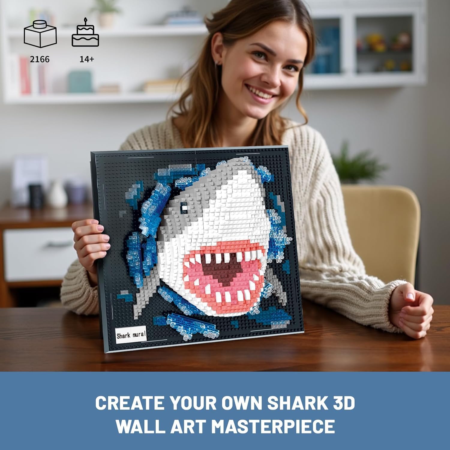 highdar - Juego de decoración de pared en 3D con forma de tiburón, diseño de mini-Blocs de construcción, decoración de pared o mesa única, regalo de cumpleaños creativo para niños y adolescentes (2166