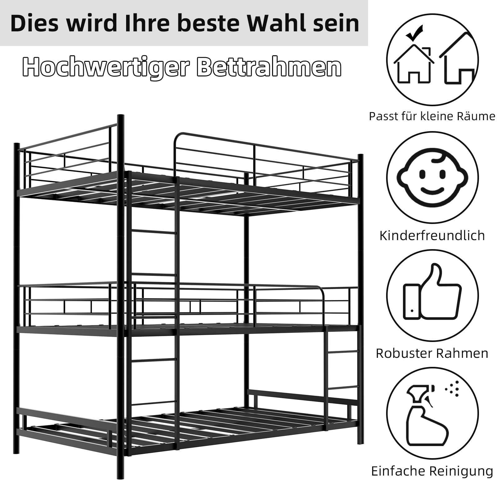 Letto a castello a tre piani, 90 x 190 cm, con scaletta, in metallo nero, per bambini/adolescenti/adulti, camera da letto/dormitorio (senza materasso)