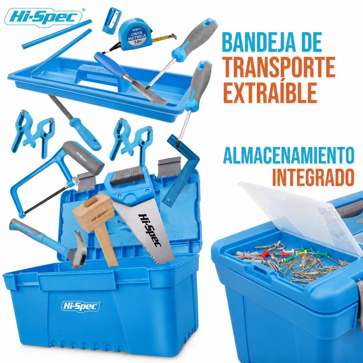 Hi-Spec Caja Jumbo de Herramientas Reales para Carpintería Infantil 8+ | 26 piezas; formón, serrucho, mazo, sargentos, gafas y lápices; trabajos de madera; no es juguete; supervisión adulta 8+ años