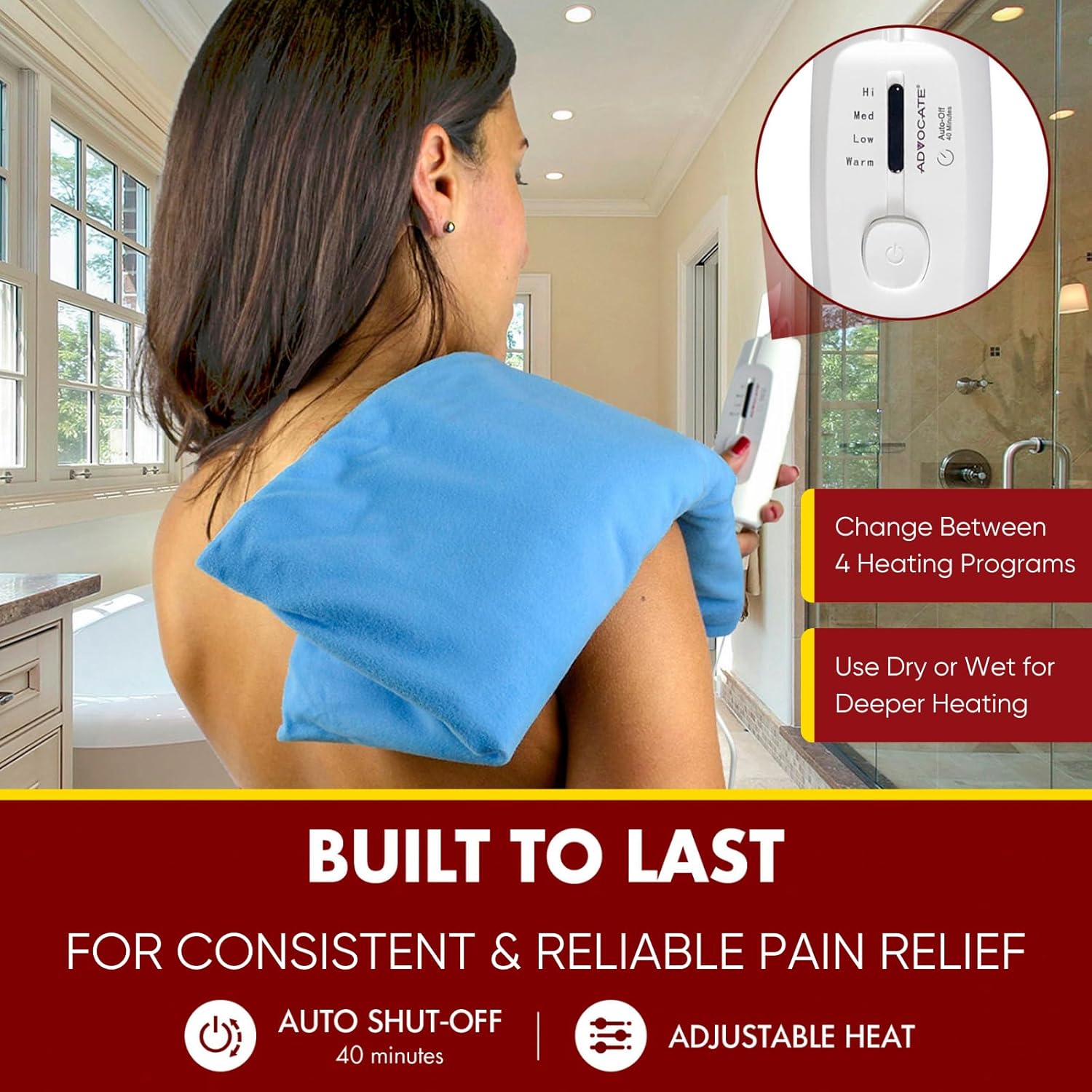 Advocate Moist & Dry Heat Pad with Flexible & Soft Cover, Controllable Level Settings High, Medium, Low & Warm, Effective for Shoulder, Neck, Back Pain & Cramps, Comes with Reusable Bag