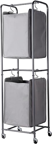 BIRDROCK HOME Clasificador vertical de 2 niveles para ropa sucia - Gris - Carrito con secciones de cesta dobles - Cuatro ruedas - Bolsas de ropa