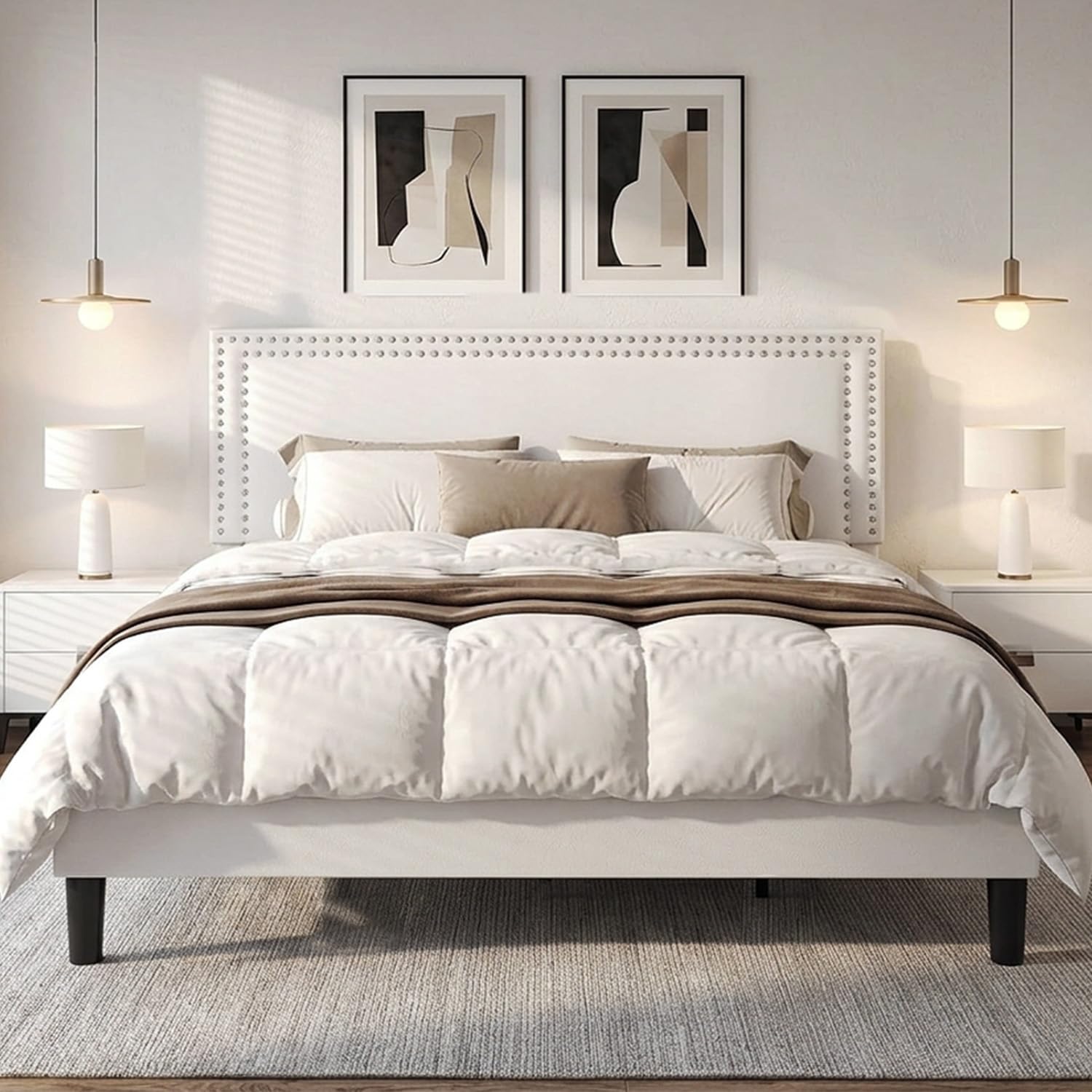 VECELO King Bed Frame with Rivet-Tufted Headboard and Footboard