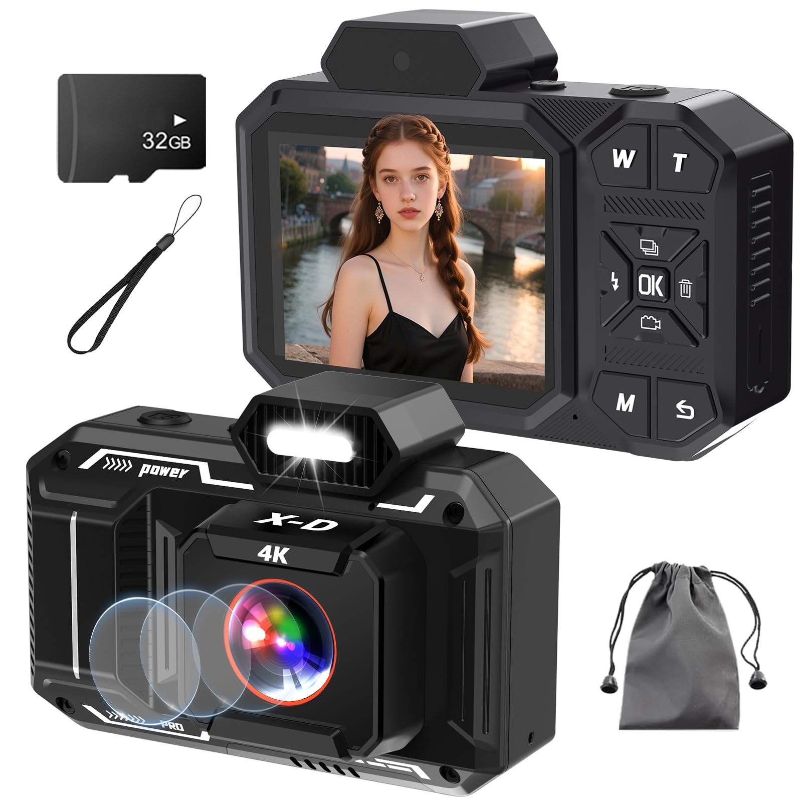 Digital Camera, 4K 48MP HD AutoFocus Camera with 32G SD Card Digital Cameras Compact Camera for Children Teenagers Beginners - Black