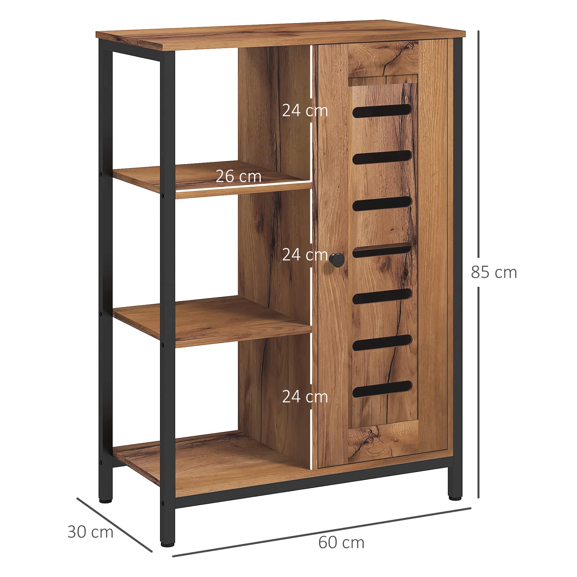 kleankin Armario de Baño Estrecho, Columna de Baño con Puerta de Lamas y 3 Compartimentos Abiertos, Estante Ajustable, para Salón, Dormitorio, Entrada, 60x30x85 cm, Marrón Rústico