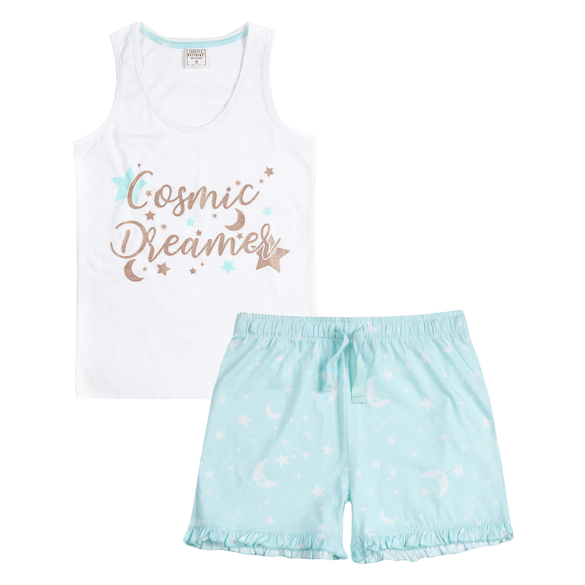 Metzuyan Womens Ladies PJs Set Pyjama Pajama Set Vest Top Shorts Frill Hem Mint S