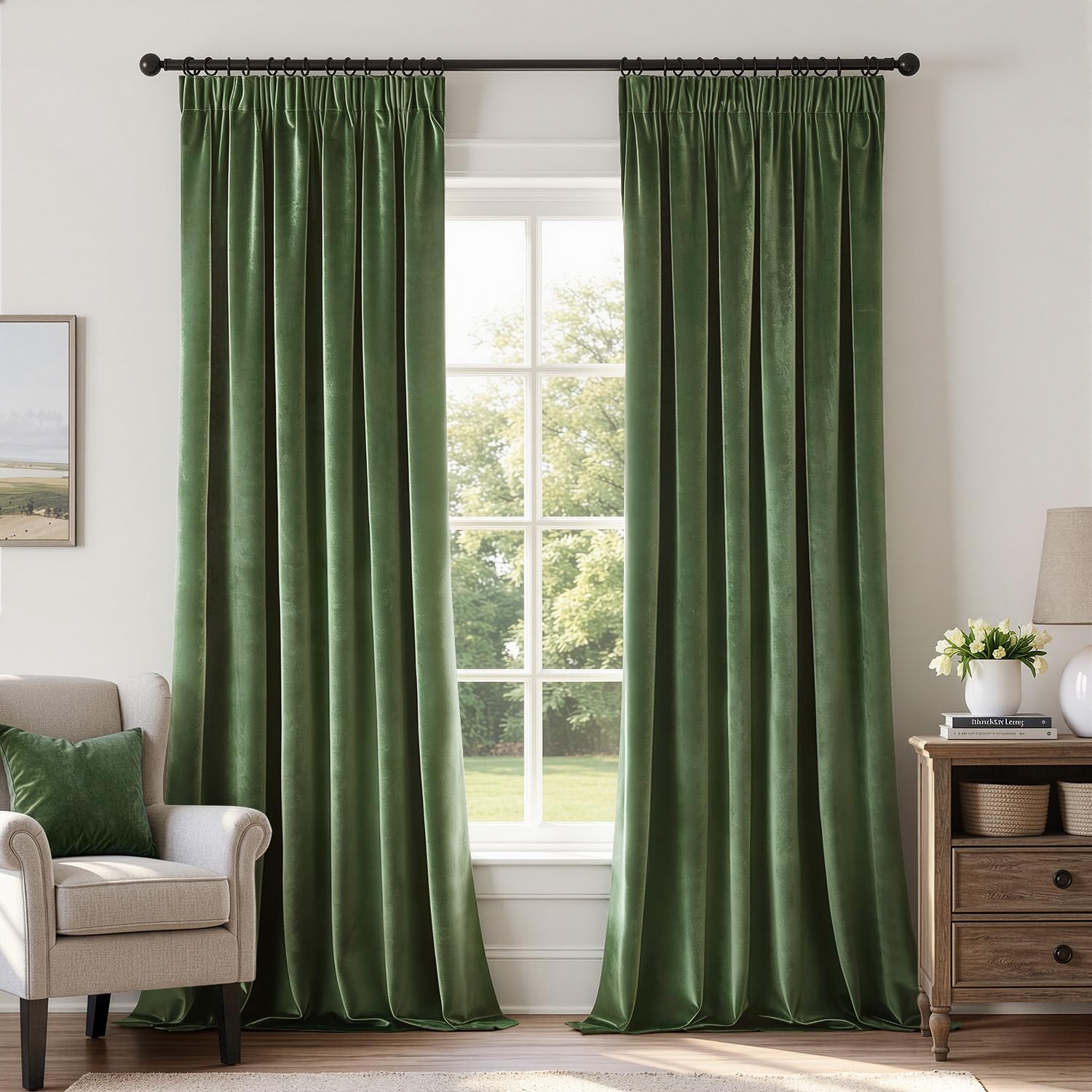 Woaboy Cortinas de Terciopelo con Cinta Fruncida, Juego de 2 Unidades,140 x 300 cm, Bonito Grosor y Pesado, para salón, Dormitorio, decoración, Cortinas Opacas, Verde