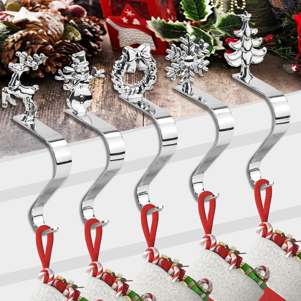 NAROSEBE 5 Ganci Calze Camino Supporto per Calza di Natale Robusti Antiscivolo Porta Calze di Natale Argentato per la Festa di Natale Decorazione del Camino