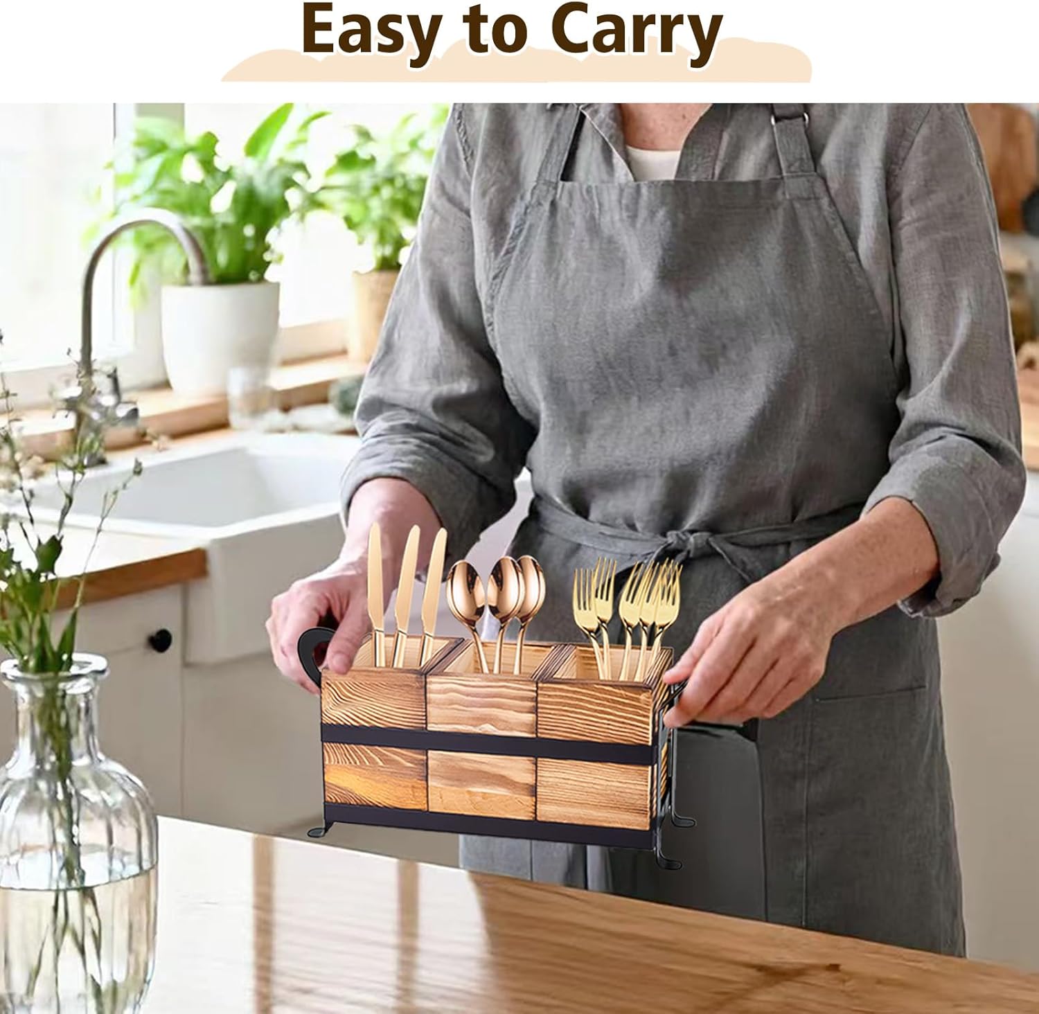 Primst Wooden Silverware Caddy with 3 Detachable Compartments & Portable Handle - Farmhouse Countertop Organizer for Forks/Spoons/Knives, Cutlery Holder for Party, Kitchen & Dining