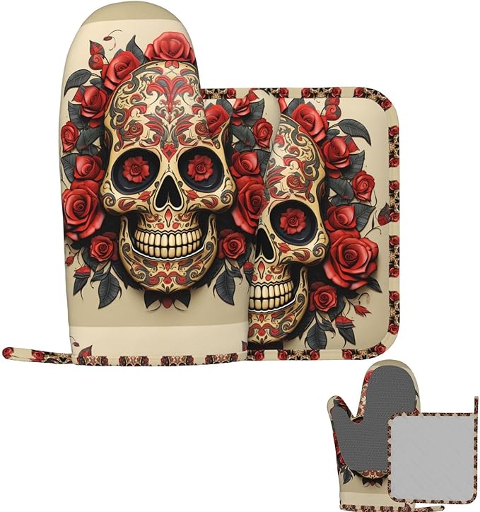 Oven Mitts and Pot Holders 2 pcs Heat Resistant Oven Glove Red Rose Sugar Skull Oven Mitt Non-Slip Oven Gloves for Cooking Kitchen Hot Pads for Grilling Microwave Baking BBQ