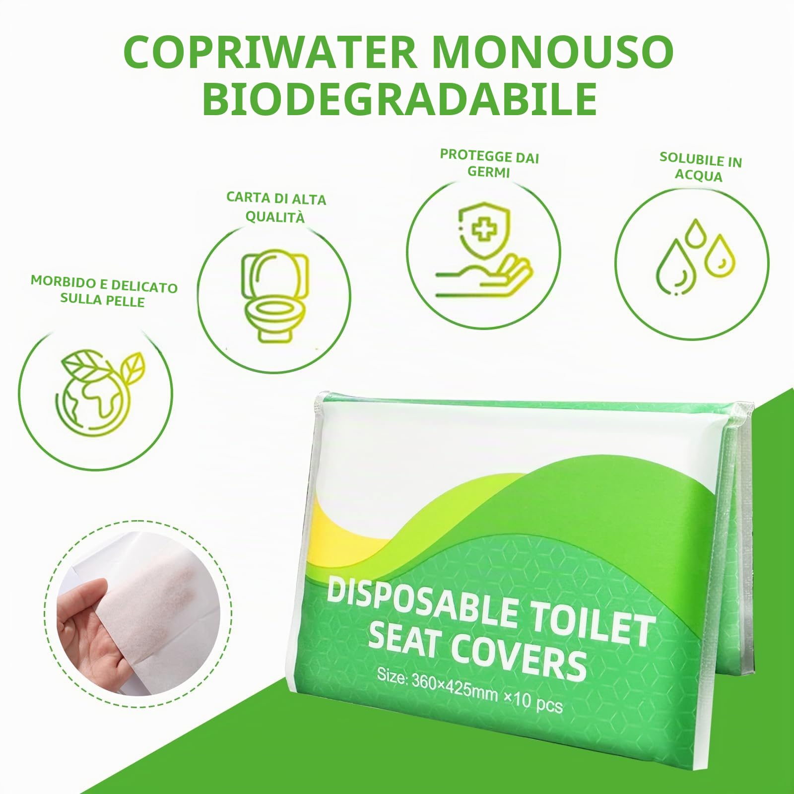 Copriwater Biodegradabili Usa e Getta, Copri WC Monouso per Bambini e Adulti, Coprisedile Igienico Water, 8 Confezioni 63.5x63.5cm