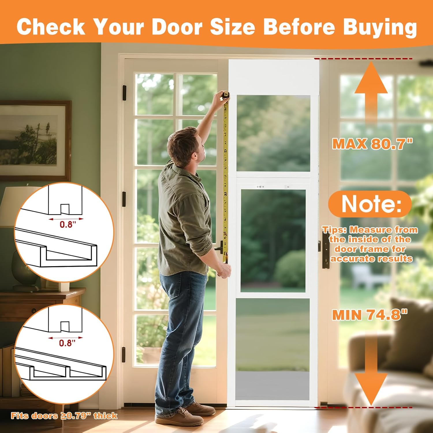 Dog Door for Sliding Glass Doors, 74.8"–79.9" Height Adjustable, Two-Piece Design Pet Door with Lock, Easy Insert-Install, No-Drill Needed, Ideal for Apartments, Rentals, Balconies & Patios