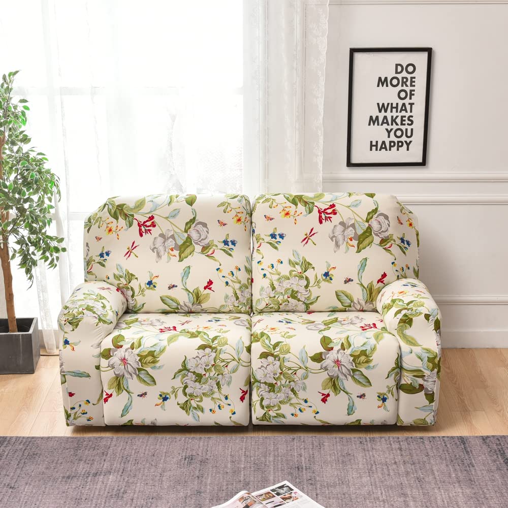 PENDEJATO Stretch Loveseat Recliner Covers, 6-Piece Soft Spandex Recliner Slipcovers Printed Recliner Sofa Covers Furniture Protector with Pocket (Flower 01, Loveseat)