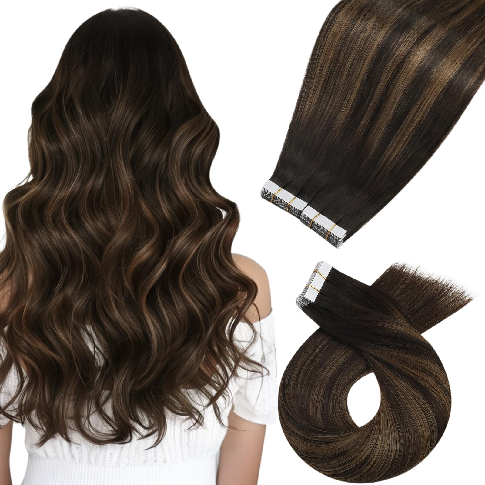 Moresoo Tape in Hair Extensions Human Hair 100g 16 Inch Full Head Tape in Extensions Real Remy Human Hair Balayage Darkest Brown with Chestnut Brown Straight Hair 40 Pieces #2/2/6