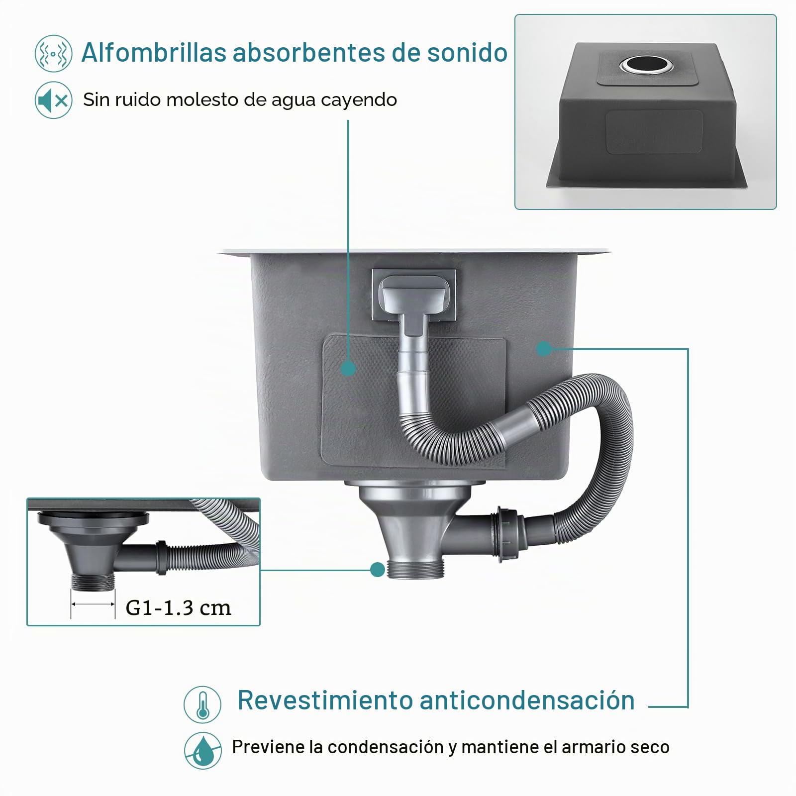Fregadero de cocina pequeño de acero inoxidable 304, 30 x 45 cm, juego de desagüe | Adecuado para montaje superior, montaje inferior y montaje empotrado, 1 cuenco, cepillado