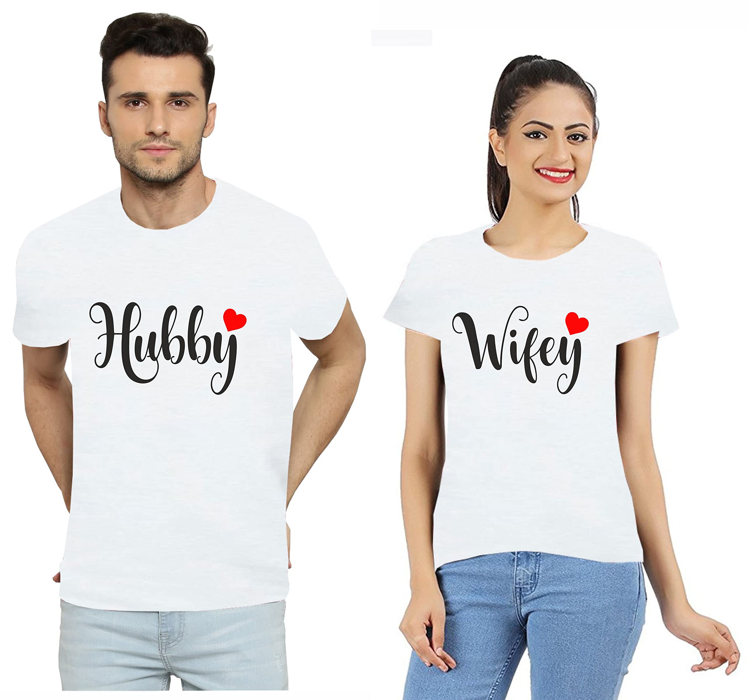 Couples Tshirt for Couple | Hubby Wifey Printed T-Shirts | Cotton Tshirts for Husband Wife | Regular Fit (Set of 2, Half Sleeves)