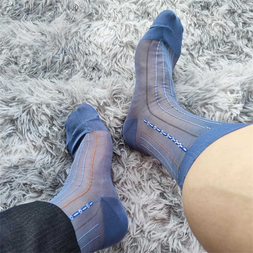 Men's Super Thin Business Dress Socks with Antislip Elastic Cuffs Soft Nylon Sheer Pattern Stockings