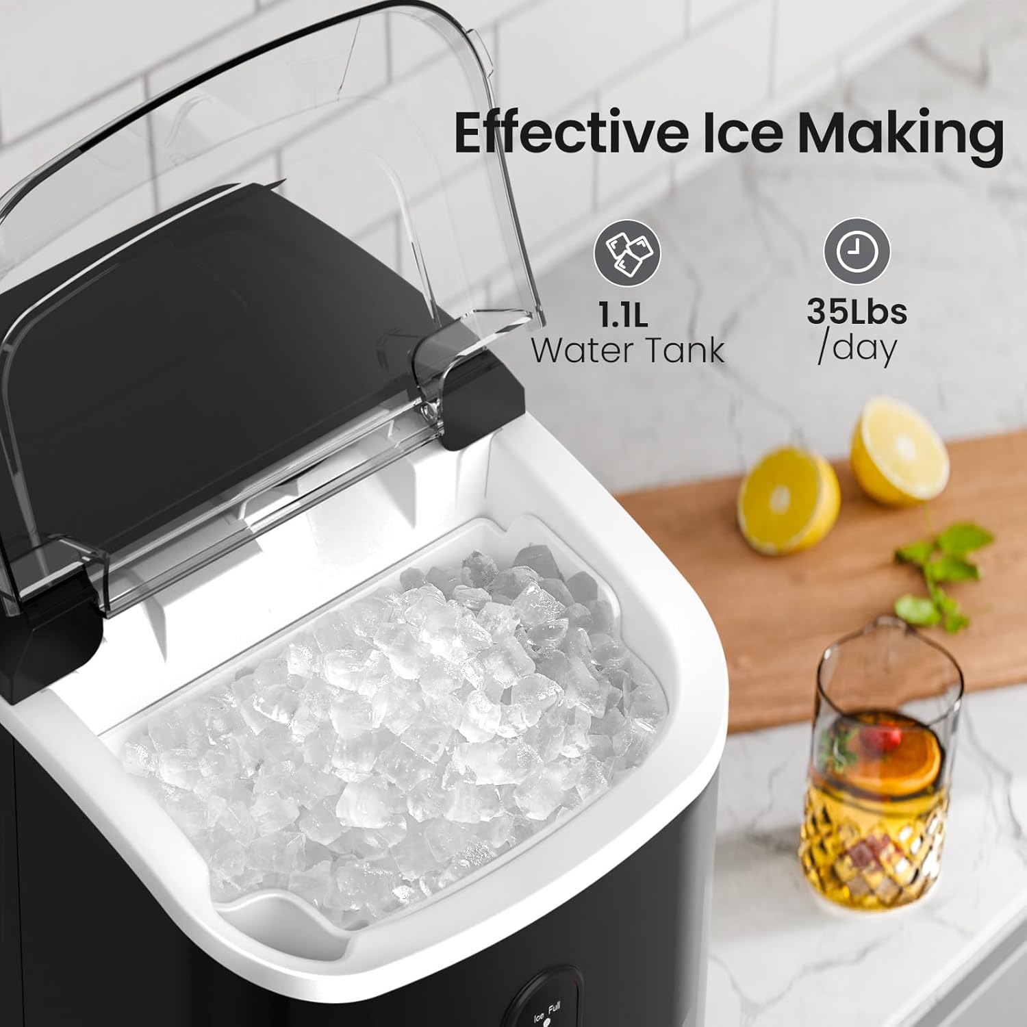 Crzoe Nugget Ice Maker Countertop with Self-Cleaning Function, Sonic Ice Machine with Handle, 35Lbs/24H, Compact Design for Home/Office Use(Black)