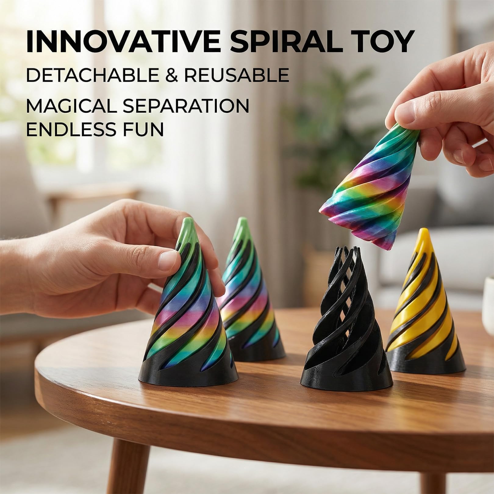 2 Pcs 3D Printed Spiral Cone Fidget Toy,Impossible Pyramid,Spiral Fidgets,Kinetic Desk Toy for Stress Relief&Anxiety Relaxing,Home Office Desk Decoration and Gifts (Black Rainbow+Black Gold) - Image 4