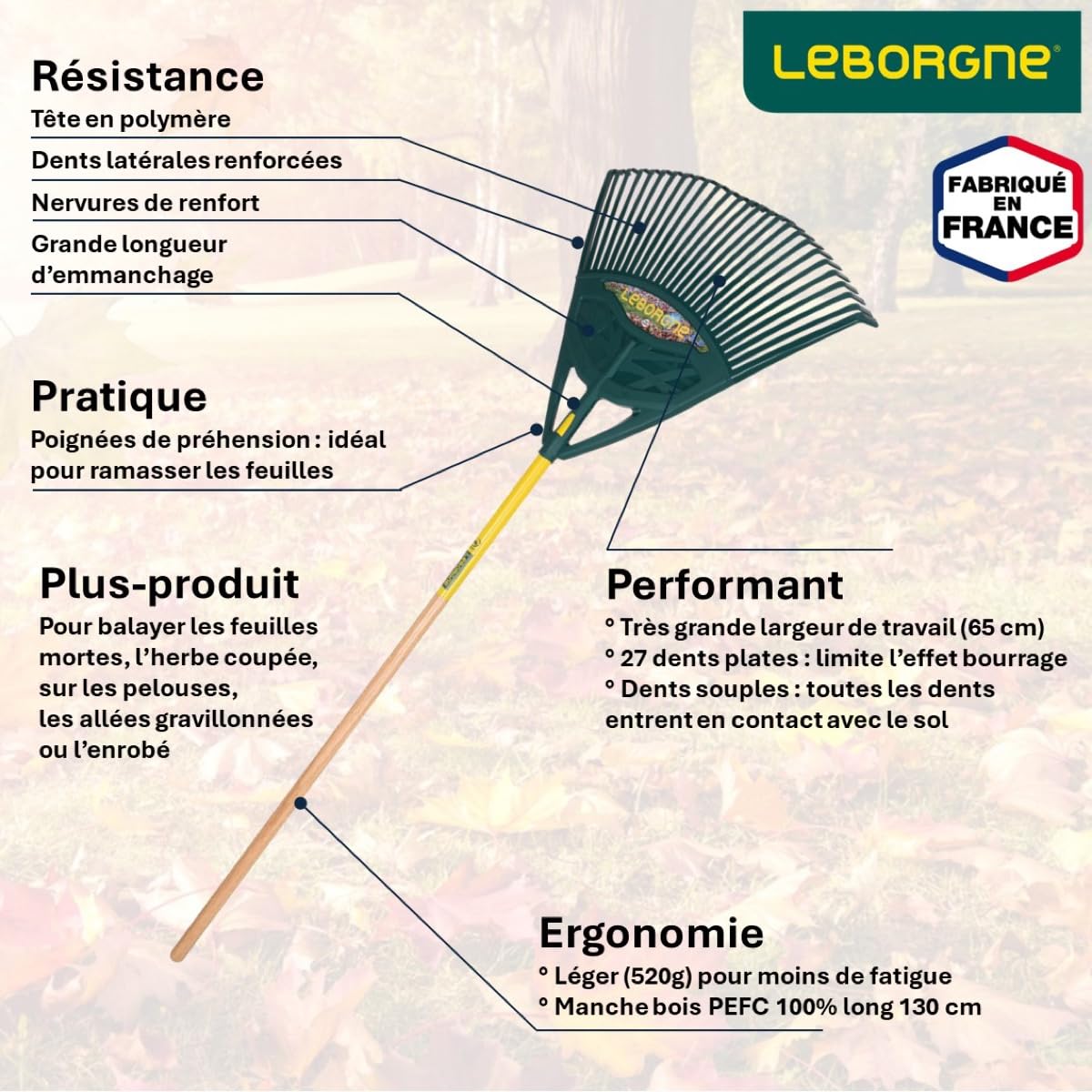 Leborgne, Balai à Gazon Xl 27 dents Duopro, Manche Bois Certifié PEFC 100%, Remplacement facile du manche, Tête polymère légère : ne casse pas, Nettoyage à l’eau claire, Fabriqué en France