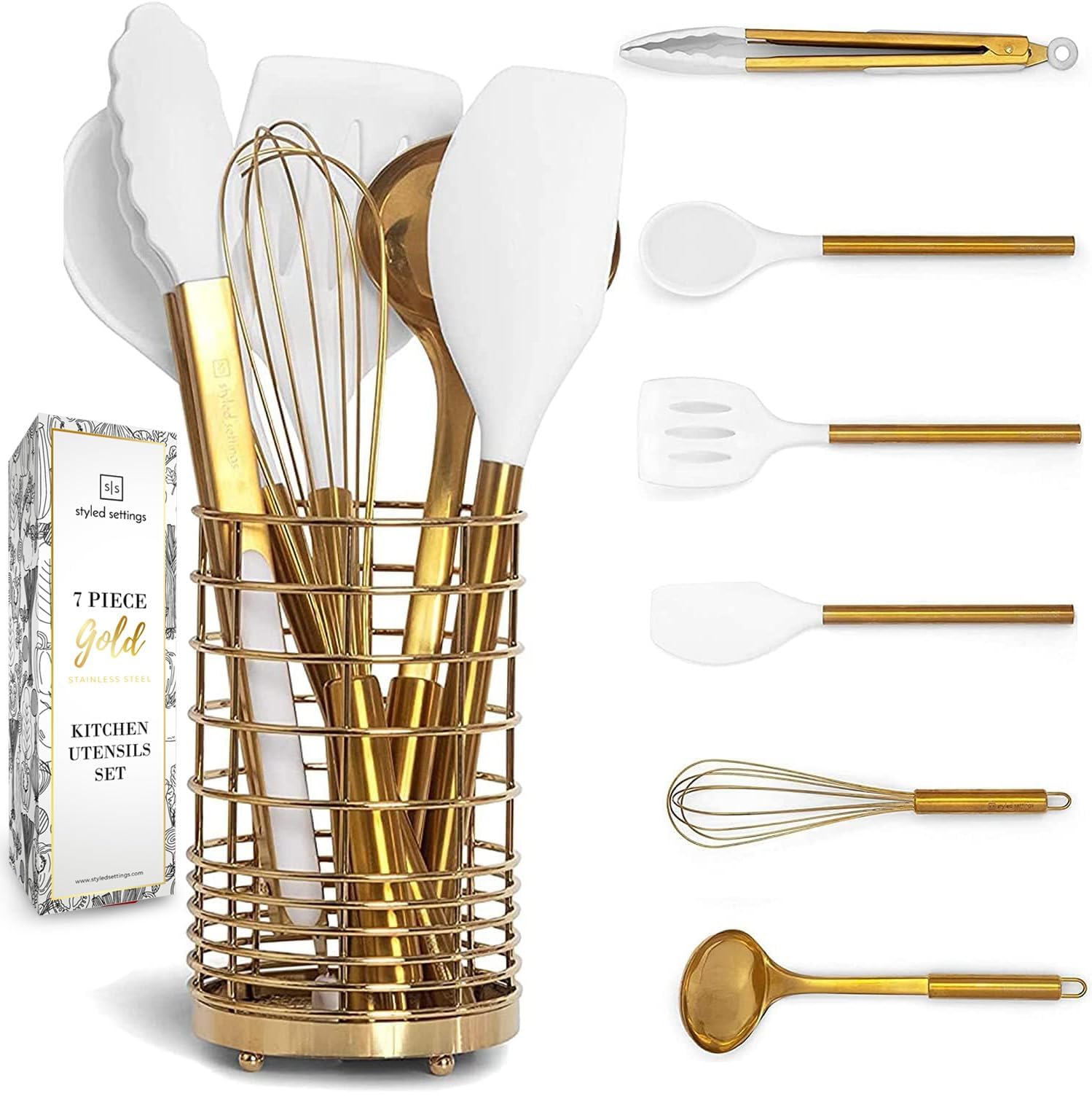 STYLED SETTINGS White Silicone and Gold Cooking Utensils Set With Holder: 7PC Set Includes Spatula, Whisk - Kitchen Accessories