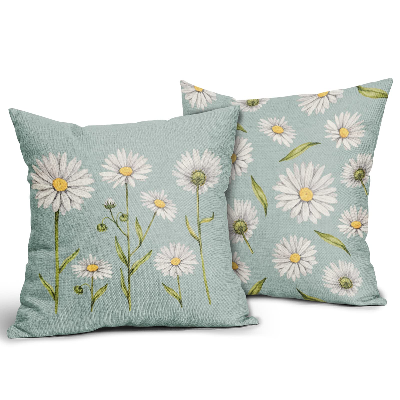 Sweetshow Spring Summer Daisy Pillow Covers 20x20 Set of 2 Watercolor White Flower Print Blue Decorative Throw Pillows Outdoor Pillowcase Square Linen Farmhouse Cushion Case Decor for Couch Sofa Bed