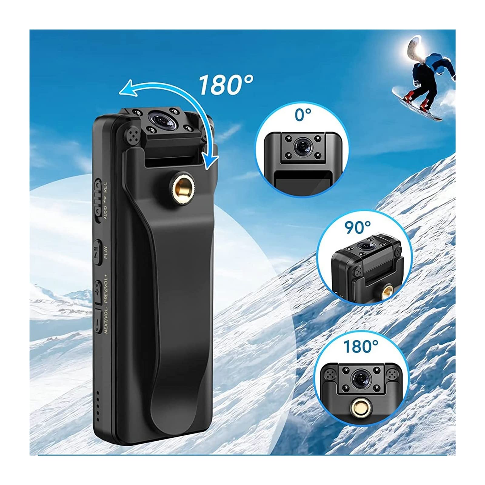Action Cam, A22 Videocamera indossata con corpo piccolo Videocamera HD 1080P Registrazione Schermo LCD a infrarossi DVR DV Registrazione audio video Supporto Scheda TF da 128 GB ,All'aperto, Sport, Vi