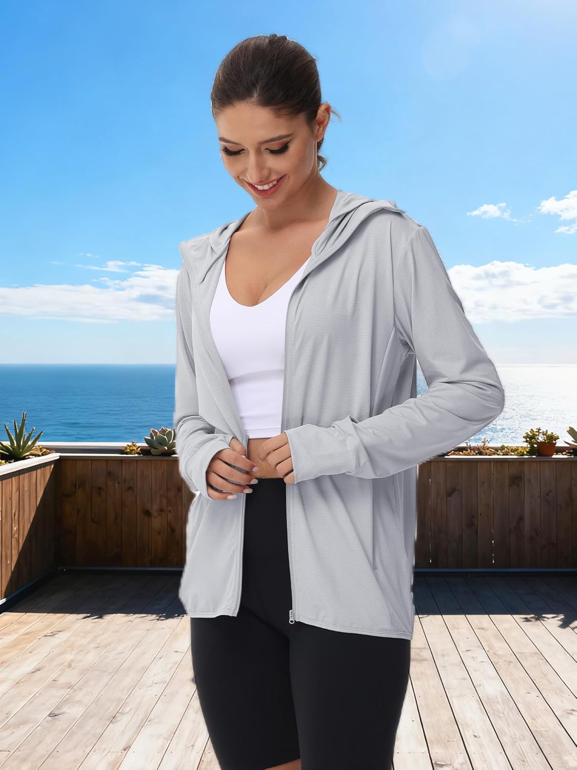 Women's UPF 50+ Lightweight Athletic Hoodie Jacket Full Zip Long Sleeve Shirts Hiking Running Outdoor Pockets - Image 2