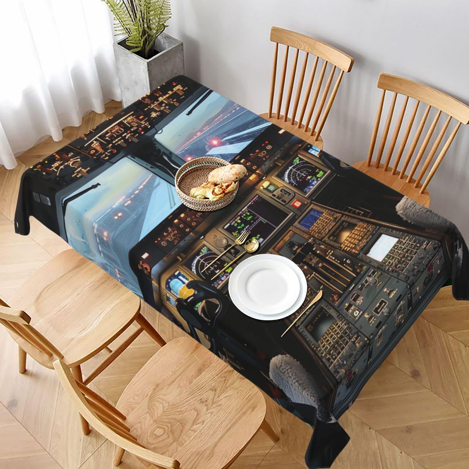WPKJU Airplane Cockpit Printed Tablecloth 60x90 in Water Resistant Table Cover Washable Rectangle Table Cloth for Dining Tables