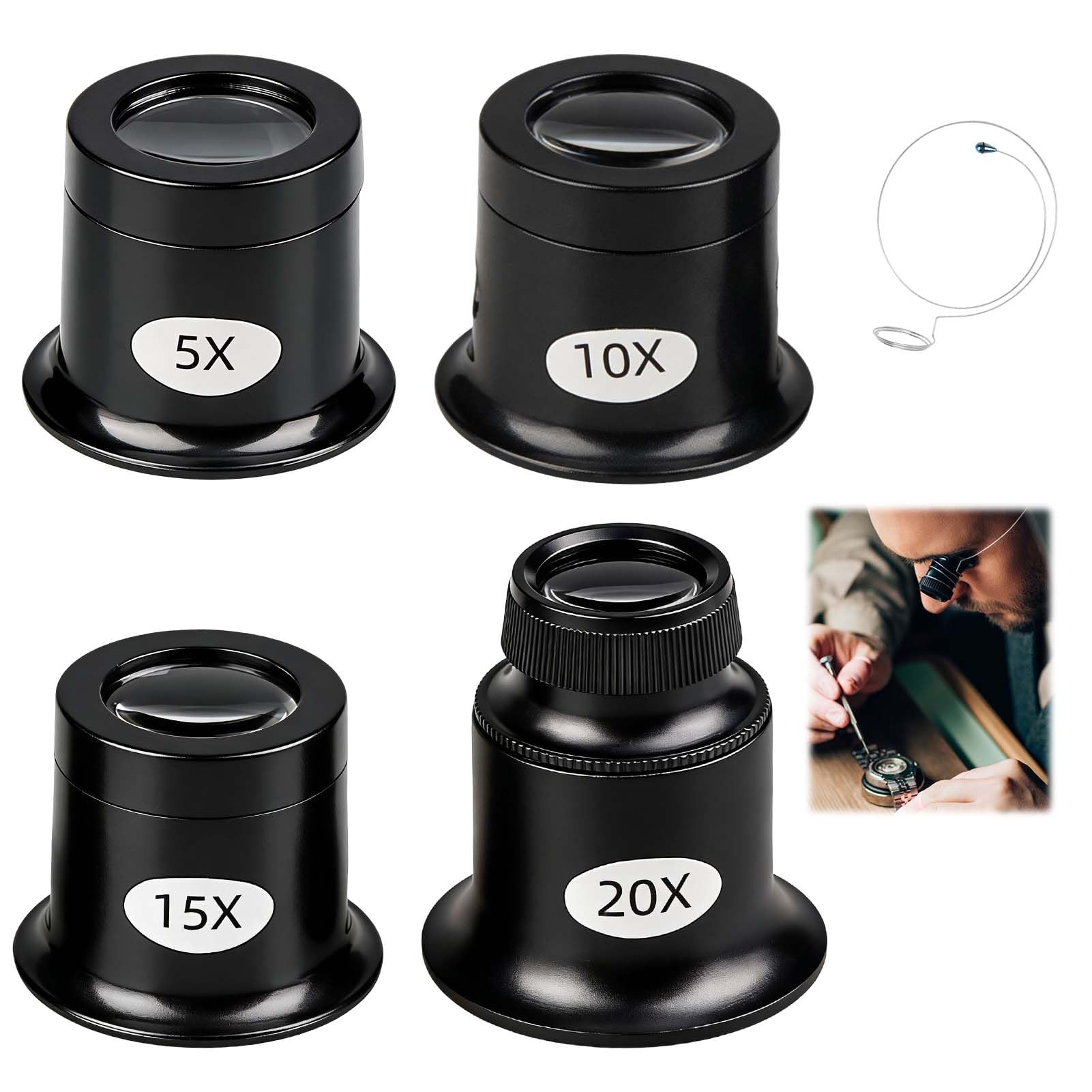 4 Piezas Lupa Relojero 5X 10X 15X 20X Lupa de Relojero Profesional Conjunto con Soporte de Alambre Gafas de Jewelers Loupes para Joyería Relojería Reloj Reparación de Alta Precisión