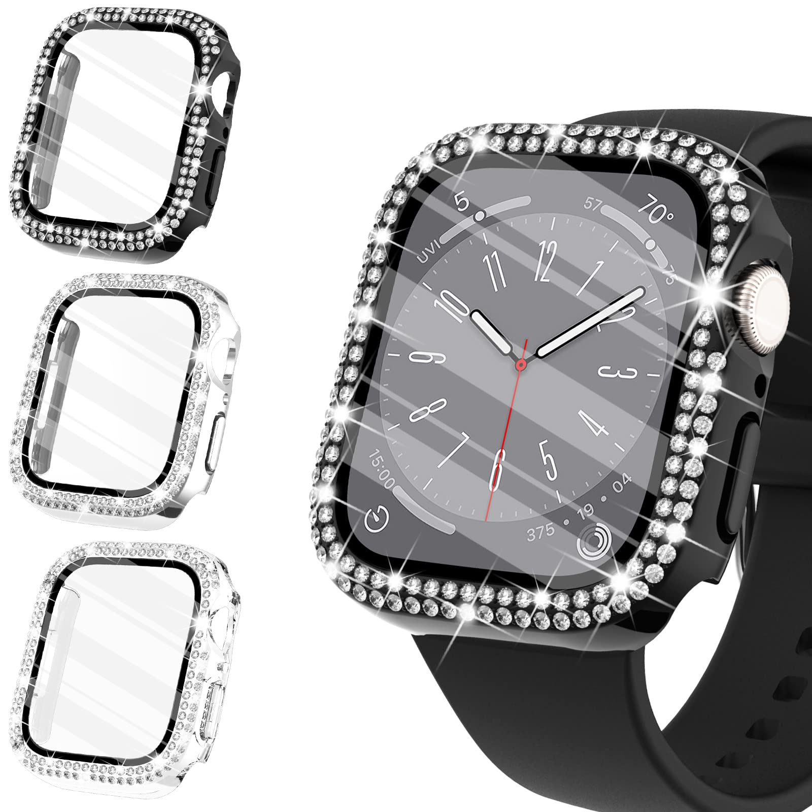 WINGLE Compatible with Apple Watch Screen Protector 44mm SE 3 2 1/ Series 6 5 4, Women Shiny Diamond Cover with Tempered Glass Screen Protector for Apple Watch Case 44mm,Clear — view 15
