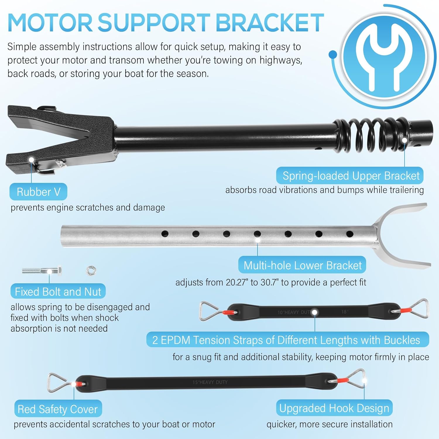 Heavy-Duty Boat Motor Support Bracket for Outboard Motors Up to 150HP Adjustable from 20.27" to 30.7" Transom Saver with Shock Absorption for Boat Trailers