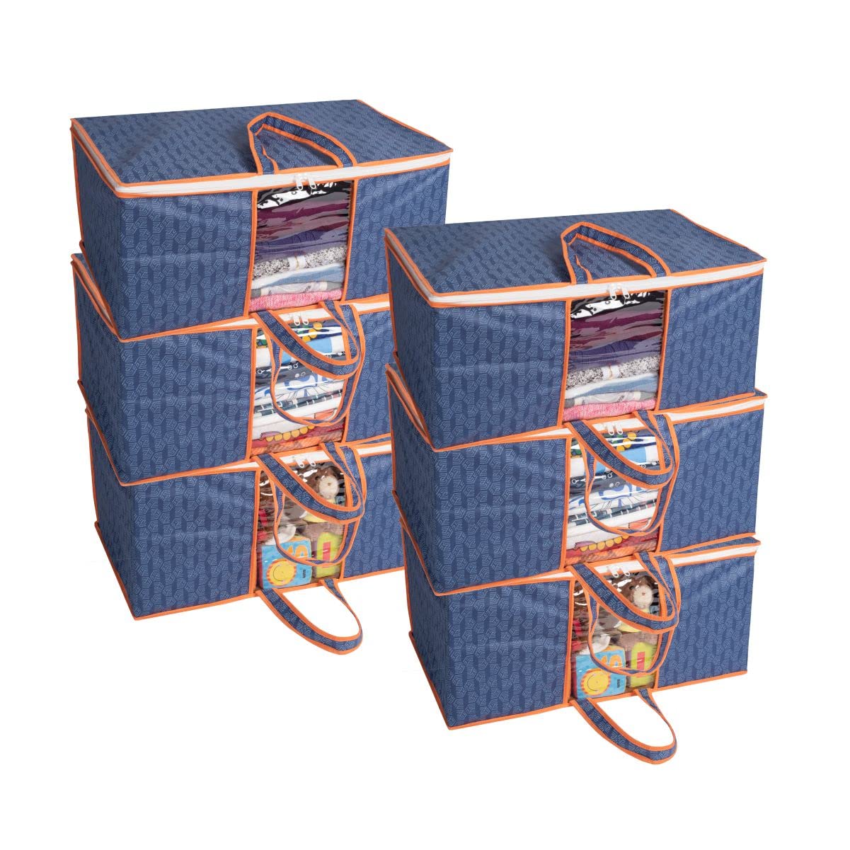 HomeStrapSet of 6 Printed Front Handle Underbed Storage Bag/Organizer/Blanket Cover (Navy Blue with orange border)