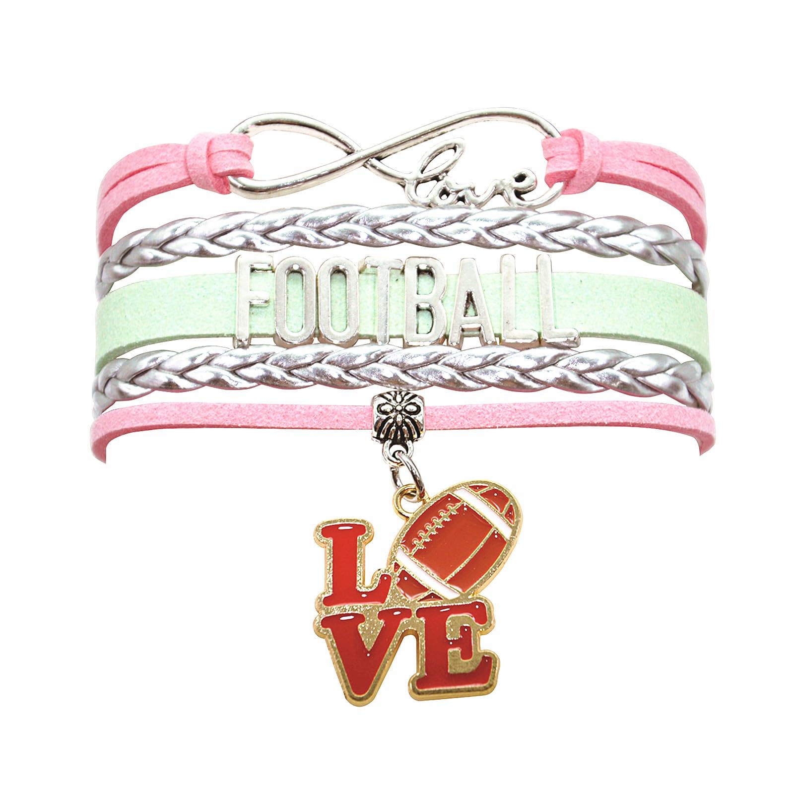 HCChanshi Football Bracelet - Infinity Love Charm Bracelet for Women, Men, Football Lovers, Football Sport Player Fans, Team Themed Jewelry in Bulk (Pink,Silver and Mint Green)