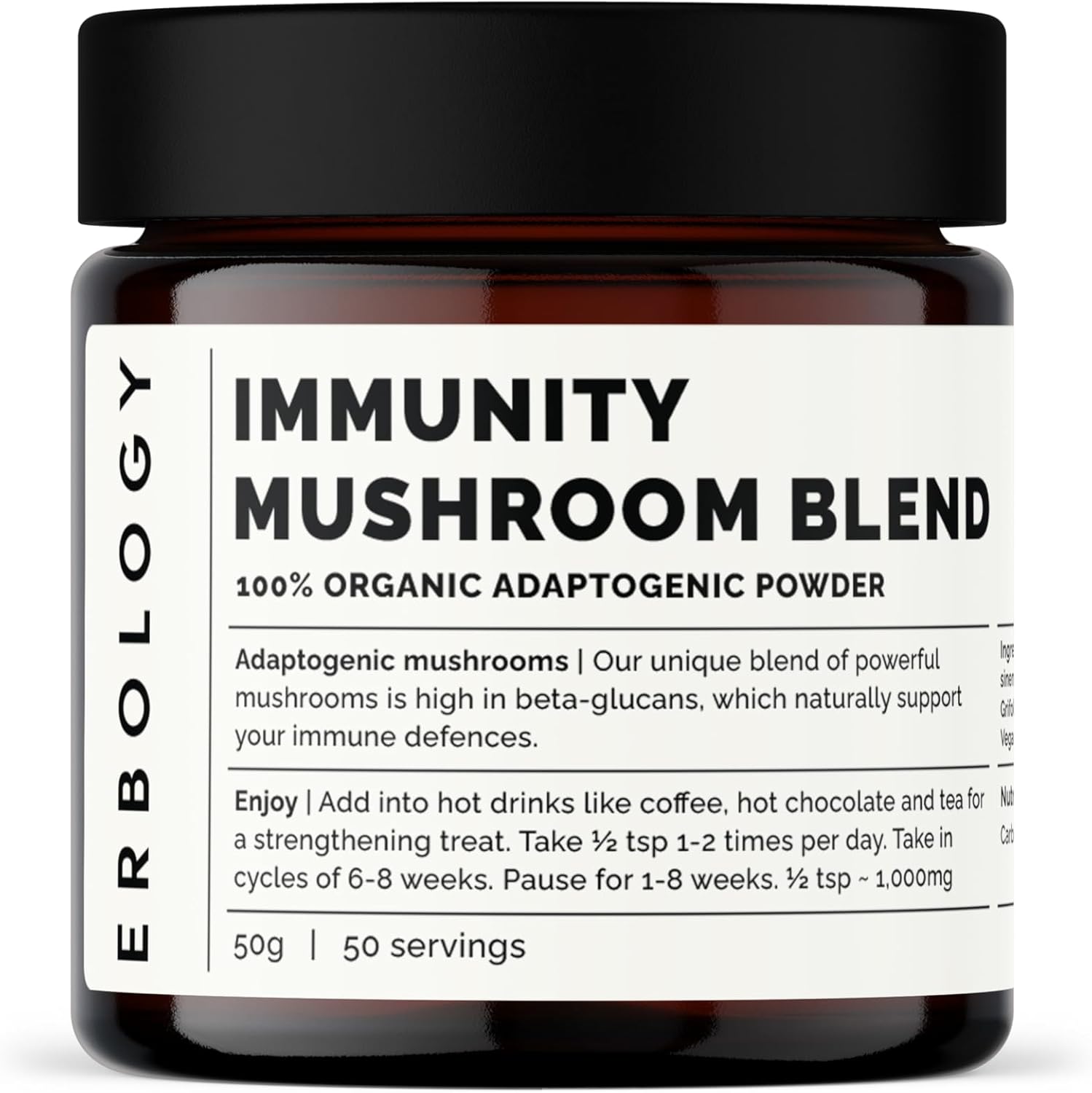 Erbology Organic Immunity Mushroom Complex 50 Servings – High in Beta-glucans – Reishi, Cordyceps, Lion’s Mane – Small Batch – Sustainably Grown in Europe – Vegan – Non-GMO – No Added Fillers