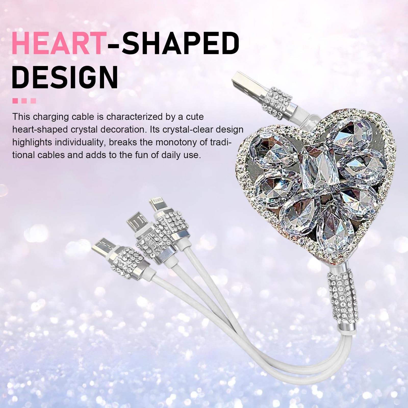 Multi Ladekabel, 3 in 1 Bling Strass Einziehbares Auto Ladekabel mit Typ-C/Lightning/Micro USB Steckern, Universal Sparkly Auto Innenraum Zubehör (Weiß)