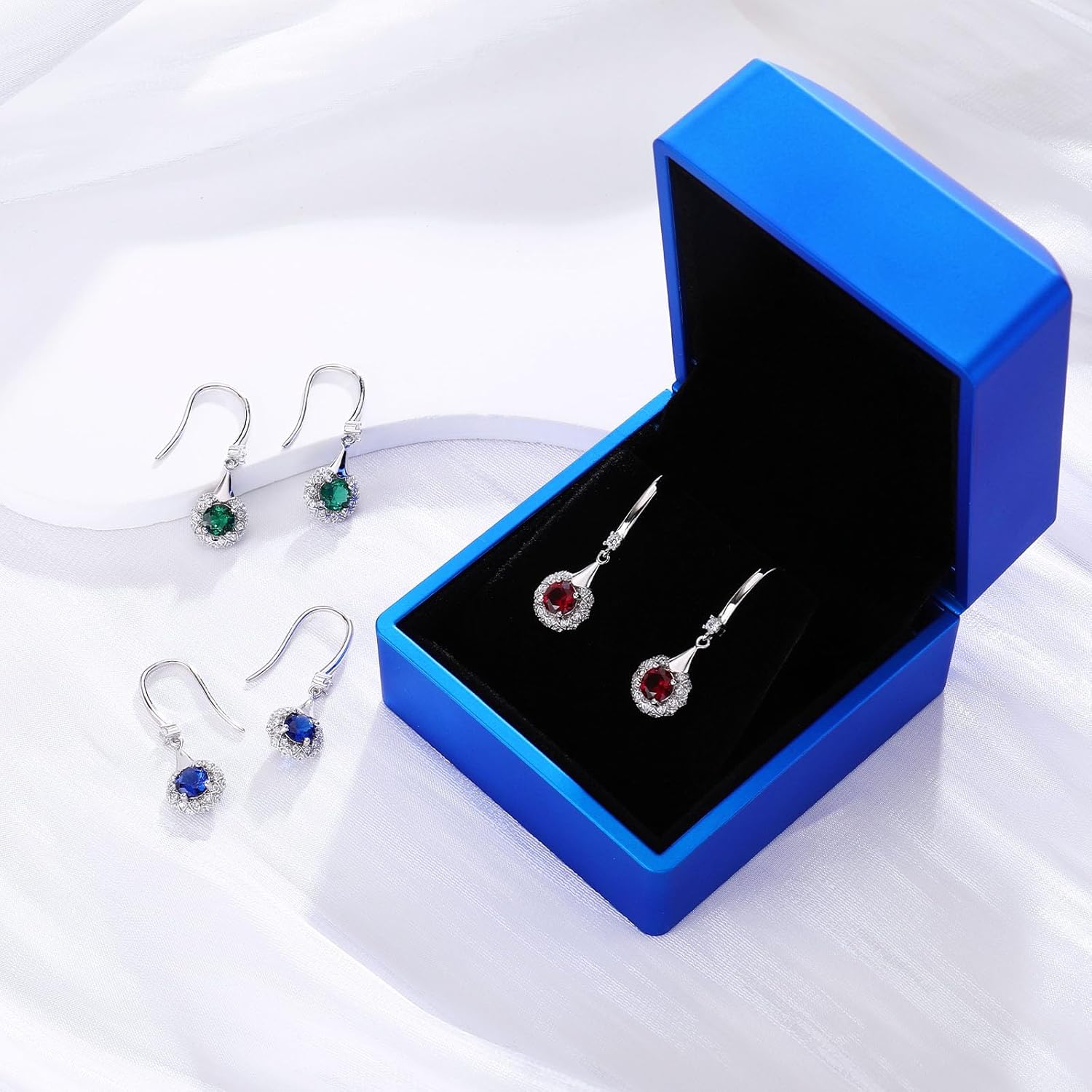 925 Sterling Silver Lab-Created Gemstone Dangle Earrings for Women, Available in Sapphire/Ruby/Emerald, Elegant Drop Earrings for Weddings, Anniversaries, Birthdays and Gifts