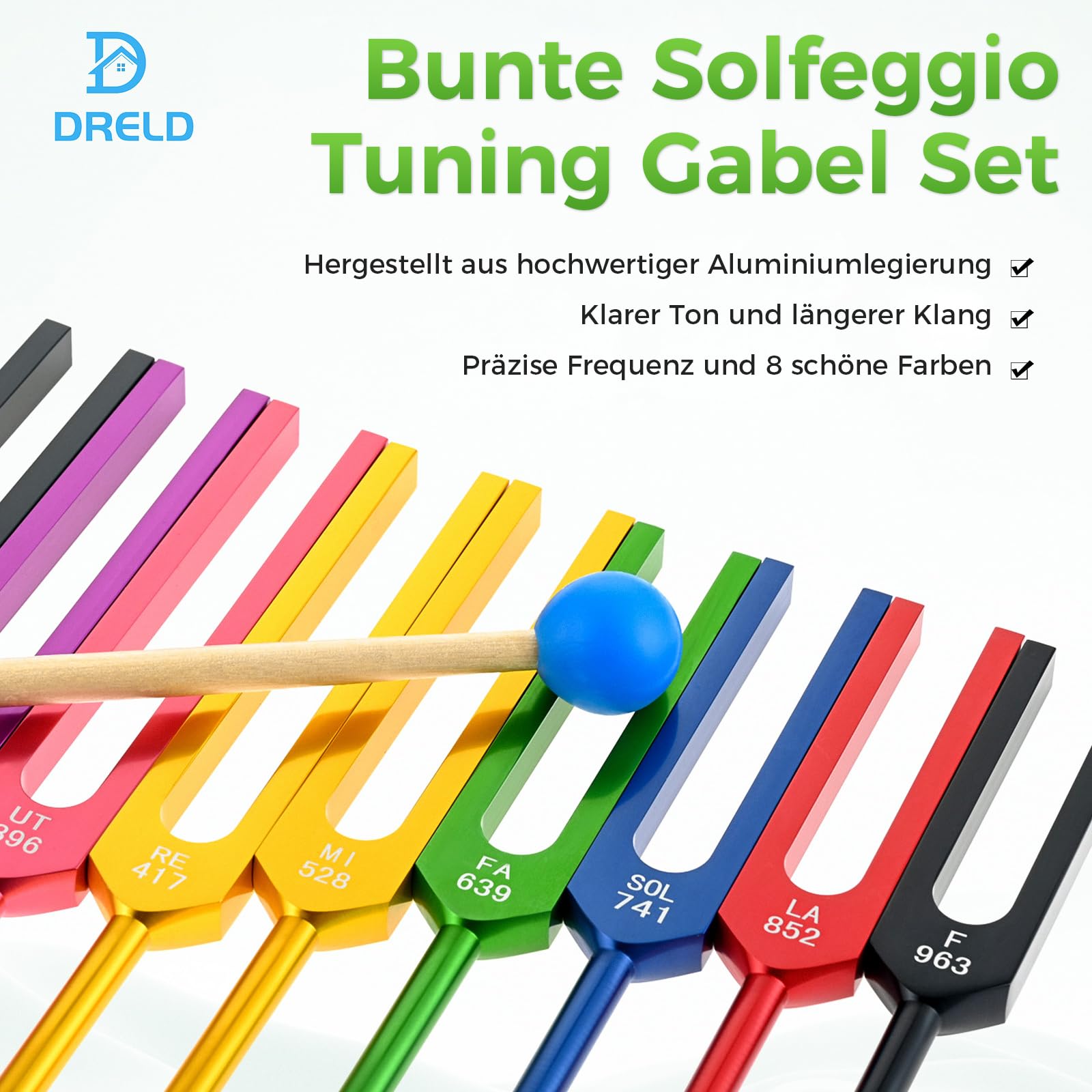 DRELD Buntes Solfeggio Stimmgabel Set mit Holzständer＋Hammer＋9 Stimmgabeln＋Tuch aus Aluminium für Heilmeditation Yoga Entspannung (174HZ, 285HZ, 396HZ, 417HZ, 528HZ, 639HZ, 741HZ, 852HZ, 963HZ)